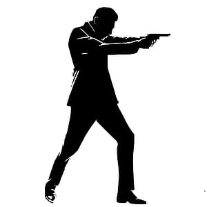 Silhouette illustration of secret agent point a gun in aggressive stance. thumbnail
