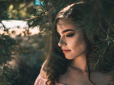 woman taking photo in middle of pine tree leaves thumbnail