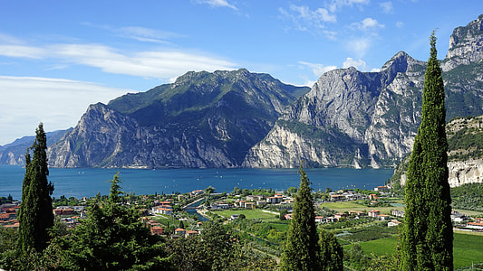 landscape photo of houses surrounded by grass and trees with ocean and mountain on distance thumbnail