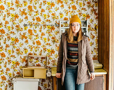 wallpaper, portrait, woman, flower pattern thumbnail