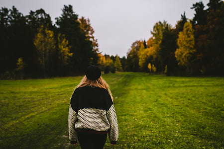 back view of woman wearing black and gray sweatshirt thumbnail