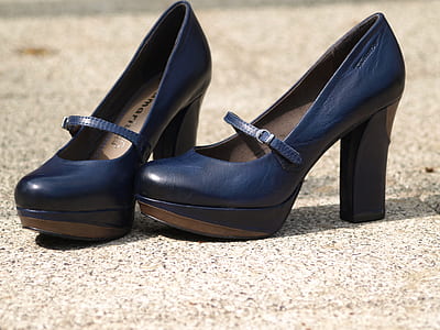 pair of women's black leather platform chunky heels thumbnail