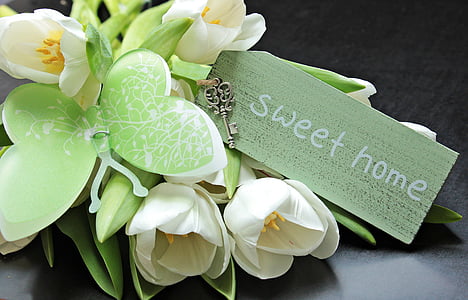 green and white flower arrangement with Sweet Home printed card thumbnail