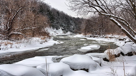 river flowing between snow-covered fields thumbnail