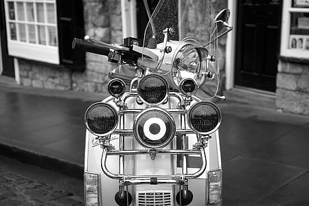 grayscale photo of parked motorcycle thumbnail