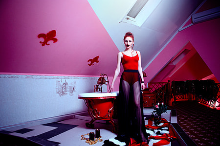 woman wearing red and black spaghetti strap dress thumbnail