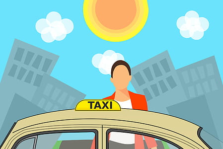Illustration of woman getting into a cab in the city. thumbnail