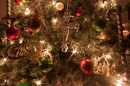 closeup photo of brown Christmas tree with lights and baubles thumbnail
