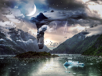Sky and night landscape with moon and birds thumbnail