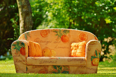 oranges and lemons printed fabric sofa on grass lawn thumbnail