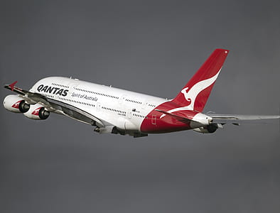 white and red Qantas airline passenger plane thumbnail