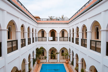top view photo of inground pool surrounded by building thumbnail