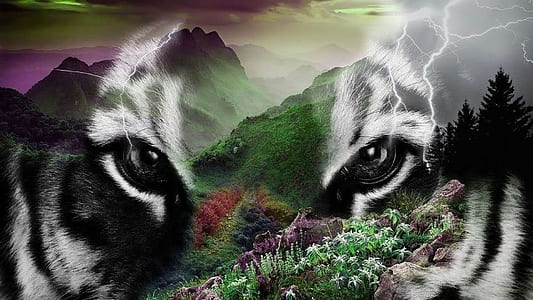 white tiger face with green mountain thumbnail