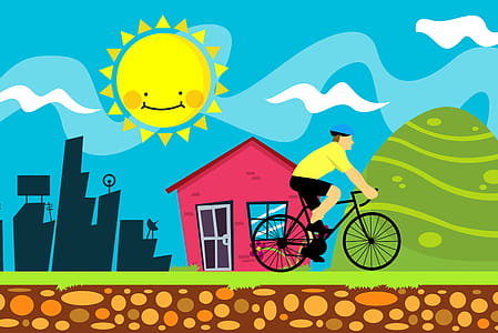 Illustrated scene of rider on bike, rolling past houses and city and a landscape. thumbnail
