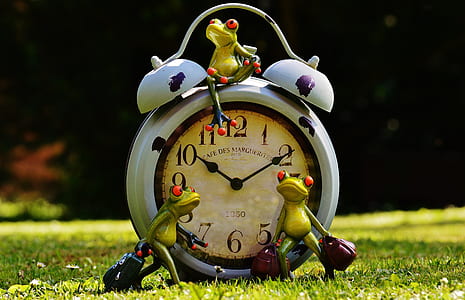 close-up photo of gray and brown twin bell alarm clock thumbnail