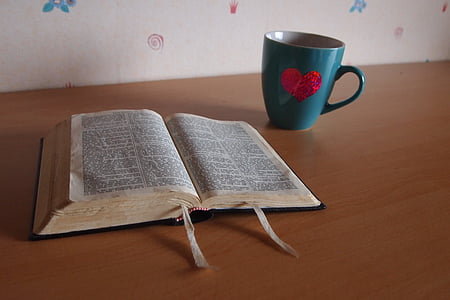 open book near teal cup on table thumbnail
