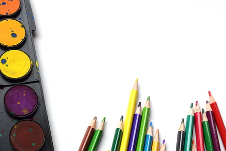 black framed water color paint near colored pencils on white surface thumbnail