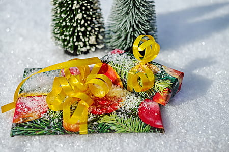 multicolored gift wrap beside Christmas tree thumbnail