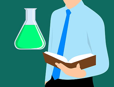 Man with open textbook and Erlenmeyer flask. Science illustration. thumbnail