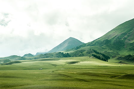 green grass field with mountain background under cloudy sky thumbnail