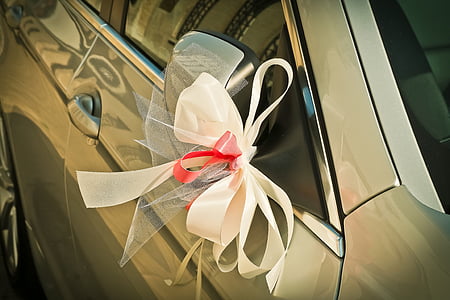 white and red bow on vehicle side mirror thumbnail