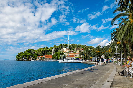 people walking and sitting near body of water under white clouds during daytime thumbnail