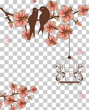 Wedding invitation Lovebird Birdcage, Lovebirds Wedding, orange hibiscus flowers and birdcage illustration PNG clipart