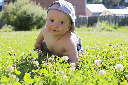baby wearing gray cap lying face down on green grass lawn thumbnail