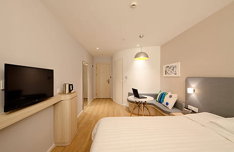 bed, bedroom, lamp, room thumbnail