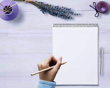 Hand holding a pencil over an empty notebook with endless possibilities. thumbnail