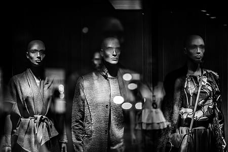 grayscale photography of three mannequins thumbnail