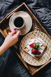 Saffle with strawberries and cup of coffee thumbnail