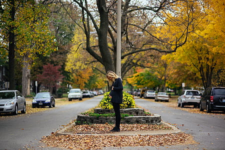 woman standing on road near cars under the tree thumbnail