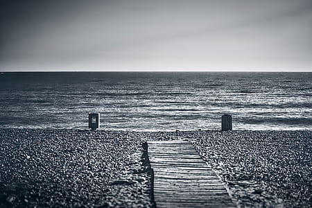 grayscale photo of seashore thumbnail