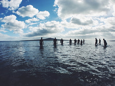 silhouette of people standing in body of water under cloudy sky thumbnail