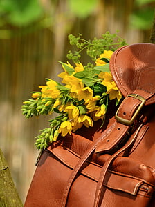selective focus of leather backpack with flowers thumbnail