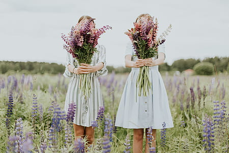 two woman holding bucket of flowers at daytime thumbnail