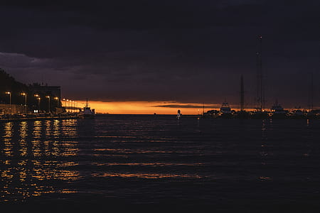 sunset, ocean, waves, lights thumbnail