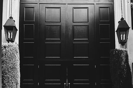 grayscale photo of closed doors thumbnail