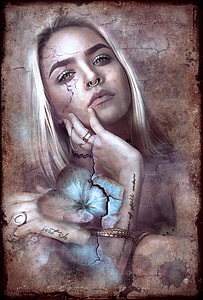 woman holding blue petaled flower painting thumbnail
