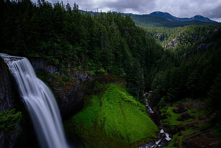 aerial photography of waterfall and green trees thumbnail