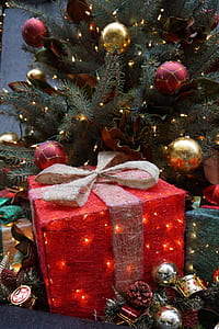 red gift beside green Christmas tree thumbnail