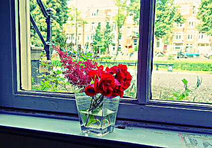 red rose flowers in vase beside glass window thumbnail