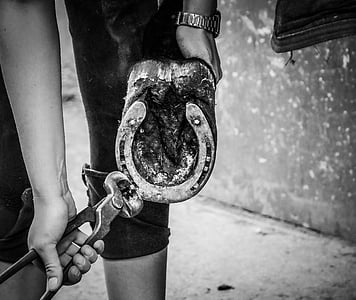 grayscale photo of person detaching horseshoe using pincers thumbnail