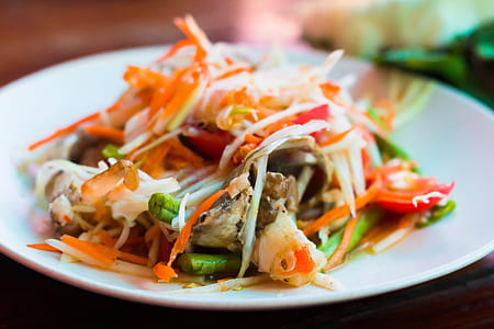 shrimp and vegetables on round white ceramic plate thumbnail