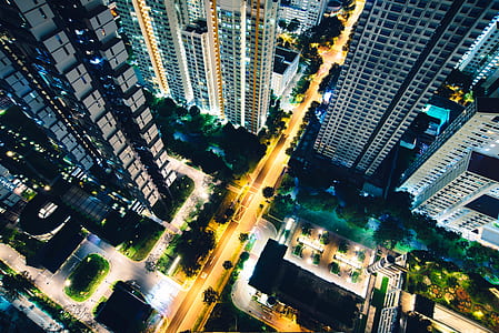 bird's eye view of road surrounded with high-rise buildings thumbnail
