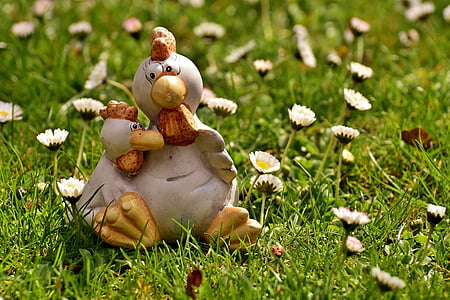 two chicken figurine in flower garden thumbnail