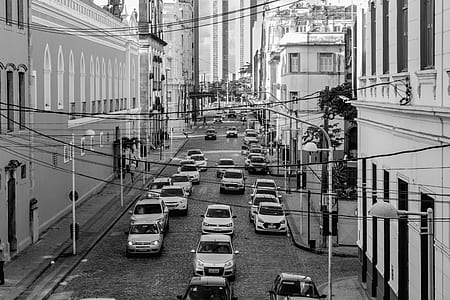 Grayscale Photo of Assorted Cars at the Middle of High Rise Buildings thumbnail
