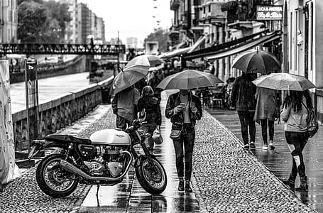 person holding umbrella walking beside cafe racer thumbnail
