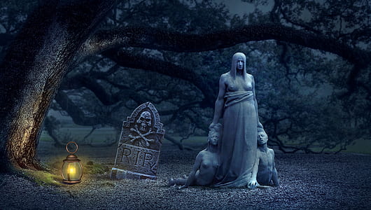 man holding man and woman with RIP tombstone digital wallpaper thumbnail
